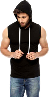 Lifeidea Solid Men Hooded Neck Black T-Shirt
