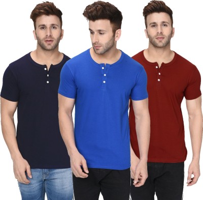 London Hills Solid Men Henley Neck Dark Blue, Maroon, Blue T-Shirt