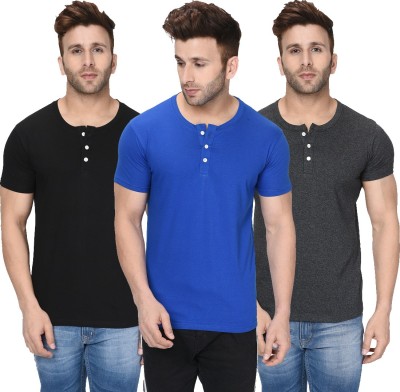 London Hills Solid Men Henley Neck Blue, Black, Grey T-Shirt