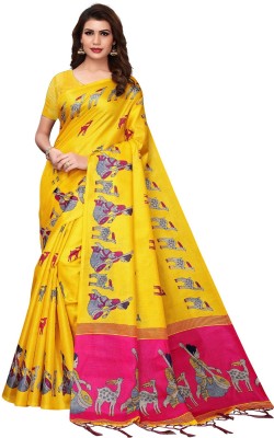 RENSILAFAB Printed Mysore Silk Blend, Pure Cotton Saree(Yellow)