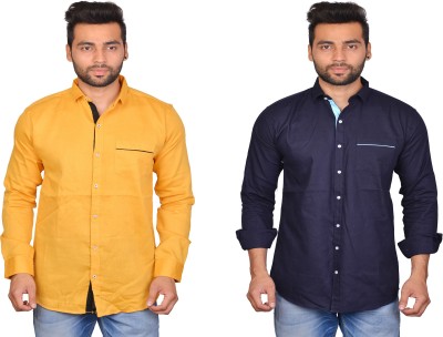 Cousin's Men Solid Casual Dark Blue, Beige Shirt(Pack of 2)