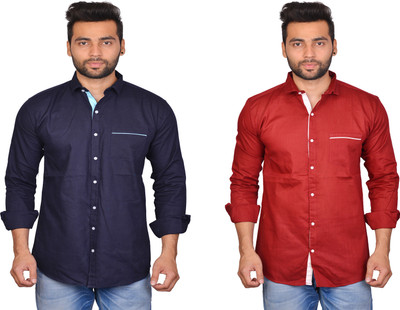 Cousin's Men Solid Casual Dark Blue, Maroon Shirt(Pack of 2)