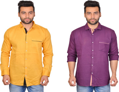 La Milano Men Solid Casual Yellow, Purple Shirt(Pack of 2)