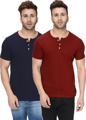London Hills Solid Men Henley Neck Dark Blue, Maroon T-Shirt