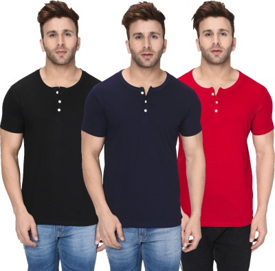 London Hills Solid Men Henley Neck Dark Blue, Red, Black T-Shirt