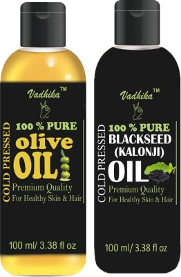 Vadhika Organic Olive oil and Black seed oil(Kalonji) combo pack of 2 bottles of 100 ml(200 ml) Hair Oil(200 ml)