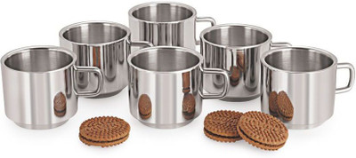SAM Pack of 6 Steel Double Walled Coffee Tea Cup Mug 6 pecs(Silver, Cup Set)