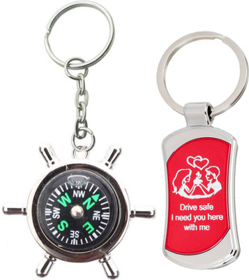 MGP FASHION Silver Round Metal Compass With RED KEYRING COMBO Key Chain