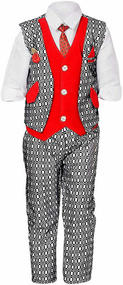 RS Boys Festive & Party, Wedding Shirt, Waistcoat and Pant Set(Red Pack of 1)