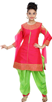 Saarah Girls Festive & Party Kurti, Patiala and Dupatta Set(Pink Pack of 1)