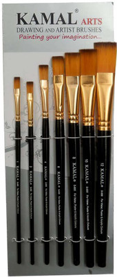 KAMAL Flat Artist Quality Painting Brush Golden/Black Taklon(Set of 7, Black)