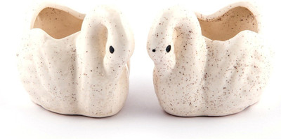 Ceramic Sellerzz White Swan Handmade Planter Pot Set of 2 Plant Container Set(Pack of 2, Ceramic)