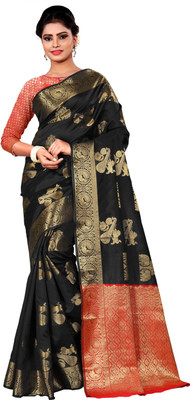 TINA FASHION Self Design Banarasi Silk Blend Saree(Black)
