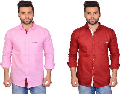 La Milano Men Solid Casual Red, Pink Shirt(Pack of 2)