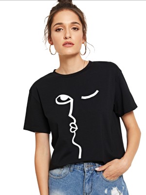 SOBER BLACK Printed Women Round Neck Black T-Shirt