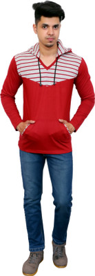 FARICON Striped Men Hooded Neck Grey, Red T-Shirt