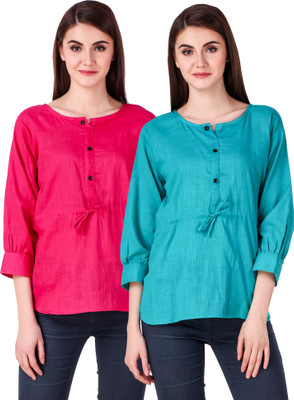 Fit N Fine Casual Cuffed Sleeve Self Design Women Multicolor Top