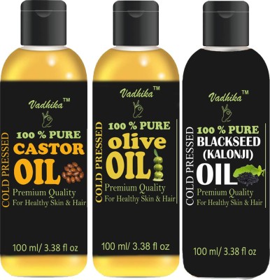 Vadhika Pure Olive Oil and Castor oil and Blackseed(kalonji) Oil Combo of 3 No.100 ml Bottles(300 ml) (300 ml) Hair Oil(300 ml)