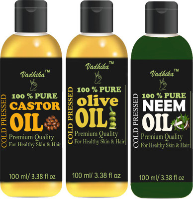 Vadhika Pure Olive Oil and Neem oil and Castor Oil Combo of 3 No.100 ml Bottles Hair Oil(300 ml)