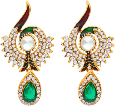 Dzinetrendz Peacock Inspired Meena and Green Pear Shape Drops Cubic Zirconia Brass Drop Earring Cubic Zirconia Brass Drops & Danglers