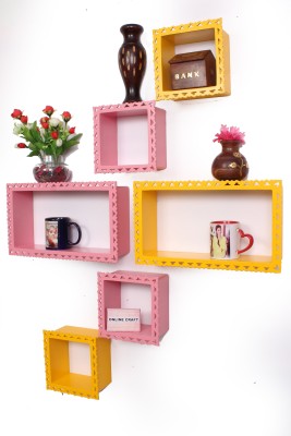 ONLINECRAFTS wooden wall shelf (white ,3 shelf ) Wooden Wall Shelf(Number of Shelves - 6, Yellow, Pink)