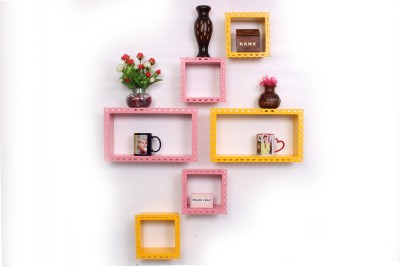 ONLINECRAFTS wooden wall shelf Wooden Wall Shelf(Number of Shelves - 6, Yellow, Pink)