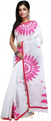 AAHELEE Color Block, Geometric Print, Applique Handloom Cotton Blend, Cotton Linen Saree(White, Pink)