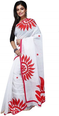 Purabi Printed Daily Wear Cotton Blend Saree(White)