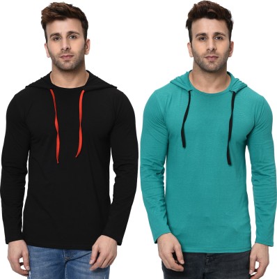 Unite Wear Solid Men Hooded Neck Black, Light Green T-Shirt