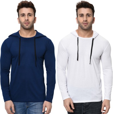 Adorbs Solid Men Hooded Neck Dark Blue, White T-Shirt