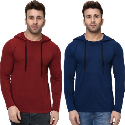 Unite Wear Solid Men Hooded Neck Dark Blue, Maroon T-Shirt