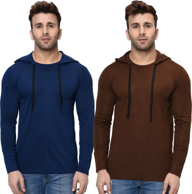 Adorbs Solid Men Hooded Neck Dark Blue, Brown T-Shirt