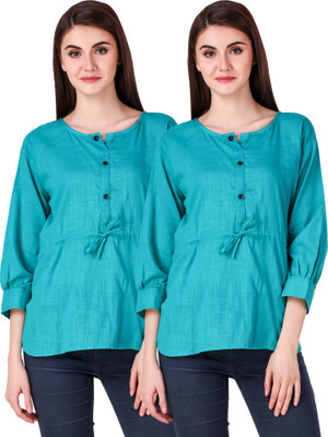 Fit N Fine Casual Cuffed Sleeve Self Design Women Light Blue Top
