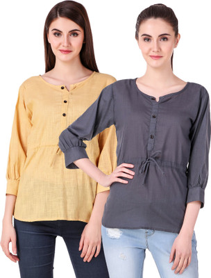 Fit N Fine Casual Cuffed Sleeve Self Design Women Multicolor Top