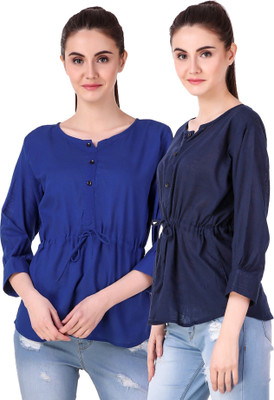 Fit N Fine Casual Cuffed Sleeve Solid Women Multicolor Top