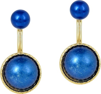 MissMister Gold Finish Blue Pearl Faux Double Side Stud Fashion Earrings Pearl Brass Stud Earring
