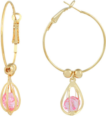 Dzinetrendz Oval cage Pink CZ entrapped Gold plated Hoop Bali Earring Cubic Zirconia Brass Hoop Earring Cubic Zirconia Brass Hoop Earring