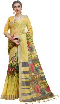 Ratnavati Printed, Paisley Daily Wear Cotton Blend, Cotton Linen Saree(Yellow)