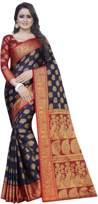 FASHION FEATS Self Design Banarasi Cotton Silk Saree(Dark Blue)