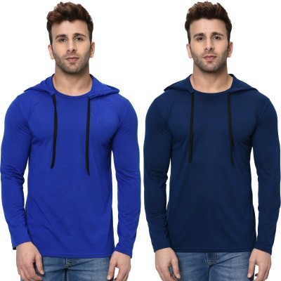 Unite Wear Self Design, Solid Men Hooded Neck Dark Blue, Blue T-Shirt