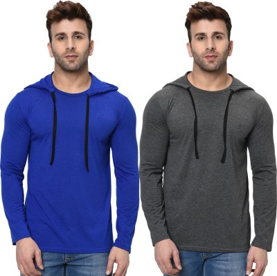 Unite Wear Solid Men Hooded Neck Blue, Grey T-Shirt