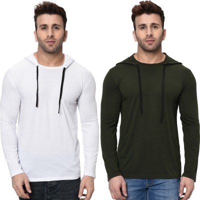 Unite Wear Self Design, Solid Men Hooded Neck Dark Green, White T-Shirt