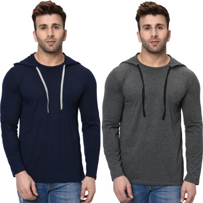 Unite Wear Solid Men Hooded Neck Dark Blue, Grey T-Shirt