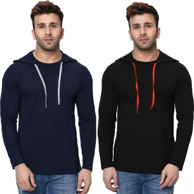 Unite Wear Solid Men Hooded Neck Dark Blue, Black T-Shirt