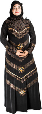 DESIGNER ABAYASANDBURQAS Polyester Self Design Abaya With Hijab(Gold, Black)