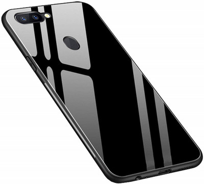 RKMG Book Cover for OPPO A7x, Oppo F9, OPPO F9 Pro | Luxurious Toughened Glass Back Shock Proof TPU Bumper Back Case(Black, 3D Case)