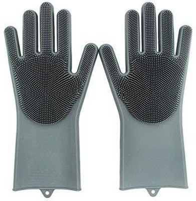 LIONS Silicone Gloves with Wash Scrubber, Reusable Brush Heat Resistant Gloves Kitchen Tool for Cleaning, Dish Washing, Washing The Car, Pet Hair Care 1 pair Wet and Dry Glove Wet and Dry Disposable Glove(Free Size)