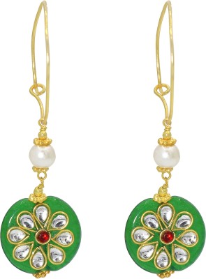 memoir Green Onyx, pearl with Kundan inlay, Brass Stylish hoop Earring Women Girls Pearl Brass Hoop Earring