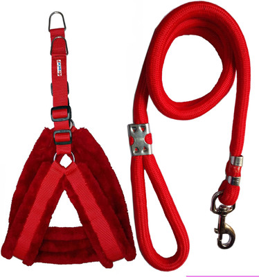 Petshop7 Nylon Dog Harness & Leash Set with Fur 1.25 inch Large - (Chest Size - 28-34) Dog Harness & Leash(Large, Red)