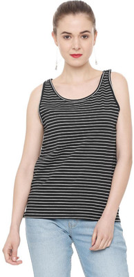 People Casual No Sleeve Striped Women Black Top